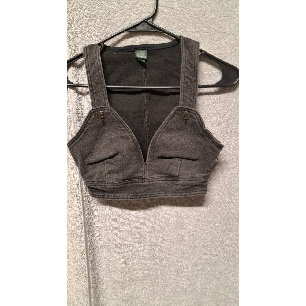 Wild Fable Washed Black Denim Crop Top V-Neck Side Zip Racerback XXS (B7)